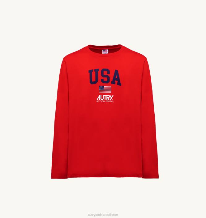 homens camiseta manga longa gola redonda com logo icônico vermelho Autry 86XF120 - Image 5
