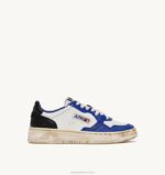 homens tênis cano baixo super vintage em couro branco azul e preto Autry 86XF28