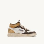 homens tênis mid super vintage em branco marrom e couro mel Autry 86XF36