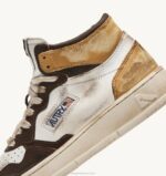 homens tênis mid super vintage em branco marrom e couro mel Autry 86XF36 - Image 6