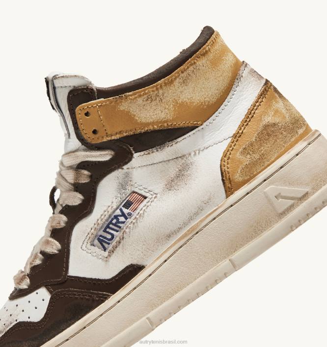 homens tênis mid super vintage em branco marrom e couro mel Autry 86XF36 - Image 6