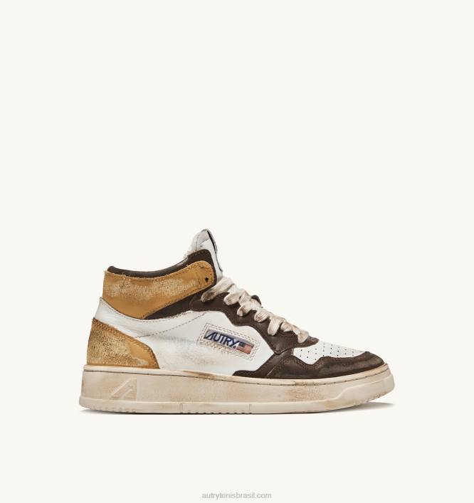 homens tênis mid super vintage em branco marrom e couro mel Autry 86XF36 - Image 1