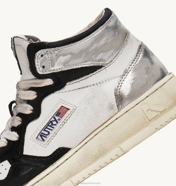 homens tênis mid super vintage em couro branco preto e prata Autry 86XF35 - Image 6
