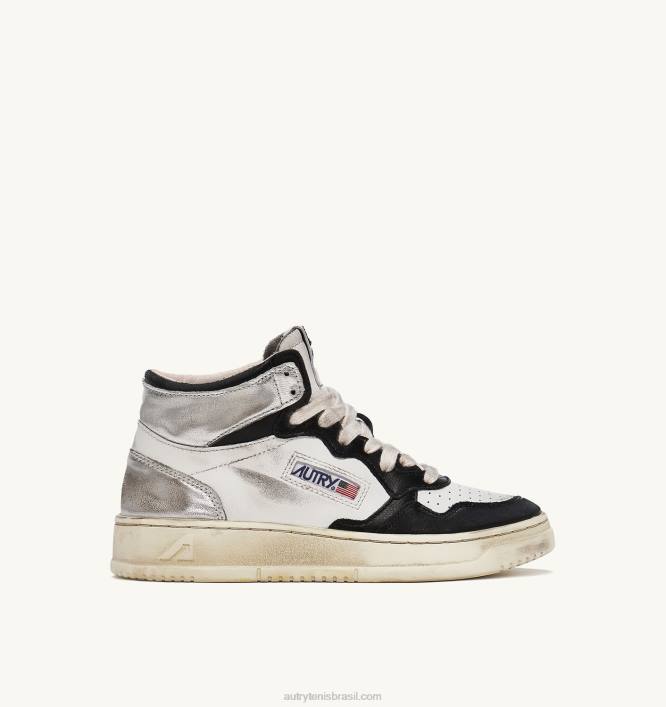 homens tênis mid super vintage em couro branco preto e prata Autry 86XF35 - Image 1