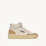 homens tênis mid super vintage em couro efeito amarelado branco Autry 86XF67