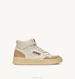 homens tênis mid super vintage em couro efeito amarelado branco Autry 86XF67