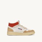 homens tênis mid super vintage em couro efeito amarelado branco e laranja Autry 86XF68