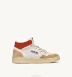 homens tênis mid super vintage em couro efeito amarelado branco e laranja Autry 86XF68