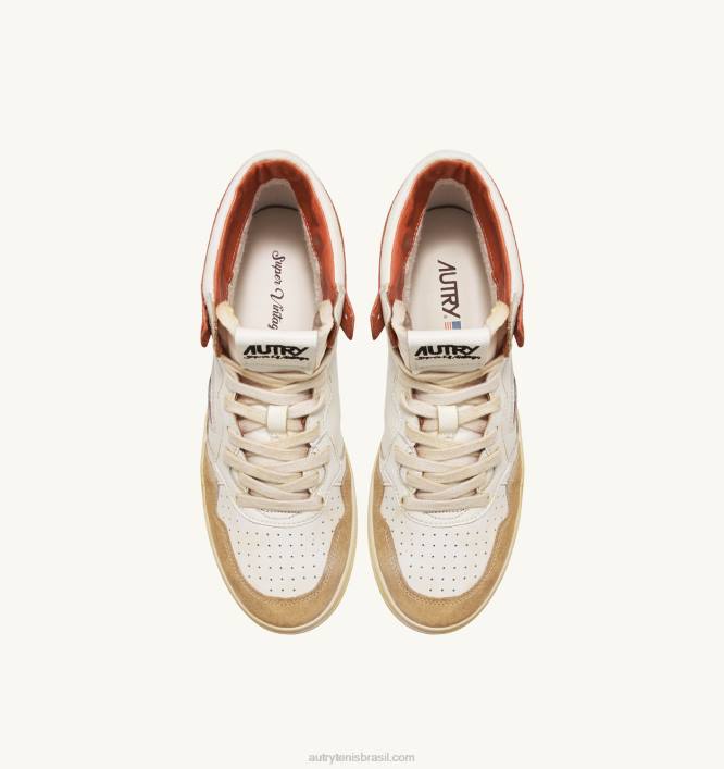 homens tênis mid super vintage em couro efeito amarelado branco e laranja Autry 86XF68 - Image 5