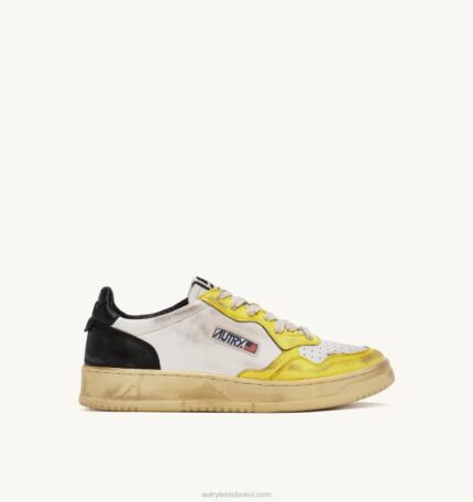 mulheres tênis cano baixo super vintage em couro branco preto e amarelo Autry 86XF202