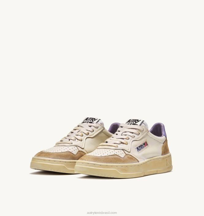 mulheres tênis cano baixo super vintage em couro efeito amarelado branco e lavanda Autry 86XF267 - Image 2