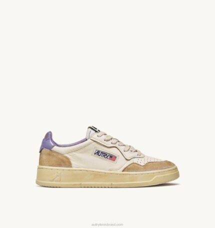 mulheres tênis cano baixo super vintage em couro efeito amarelado branco e lavanda Autry 86XF267
