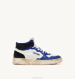 mulheres tênis mid super vintage em couro branco azul e preto Autry 86XF203