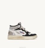 mulheres tênis mid super vintage em couro branco preto e prata Autry 86XF204